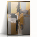 Framed abstract wall art featuring bold gold strokes on an acrylic surface, elegantly displayed against a neutral backdrop, perfect for modern home decor.