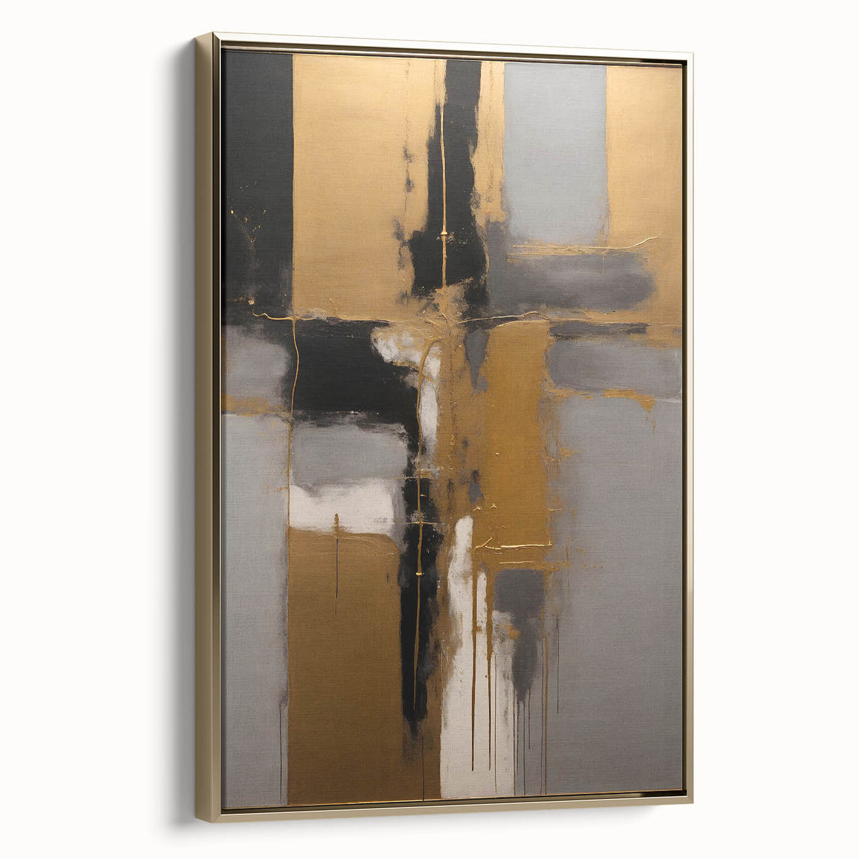 Framed canvas wall art displaying abstract strokes in gold tones, set against a neutral background, perfect for modern home decor. Ideal centerpiece for stylish interiors.