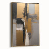 Framed canvas wall art displaying abstract strokes in gold tones, set against a neutral background, perfect for modern home decor. Ideal centerpiece for stylish interiors.