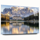 Acrylic landscape artwork showcasing a stunning castle view, displayed in a sleek glass frame with visible pins, perfect for modern home decor. This vibrant piece adds a touch of elegance and sophistication to any room.