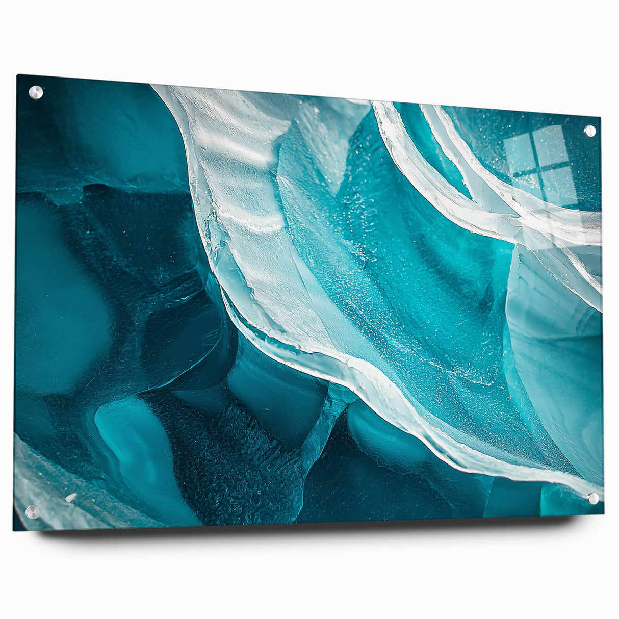 Acrylic landscape art piece showcasing vibrant colors and intricate cave designs, viewed from the side with visible pins, perfect for modern décor.