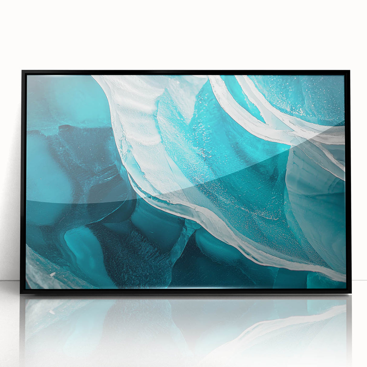 Framed acrylic artwork showcasing an abstract landscape design with cave motifs, featuring a sleek black frame and vibrant colors, perfect for modern decor.