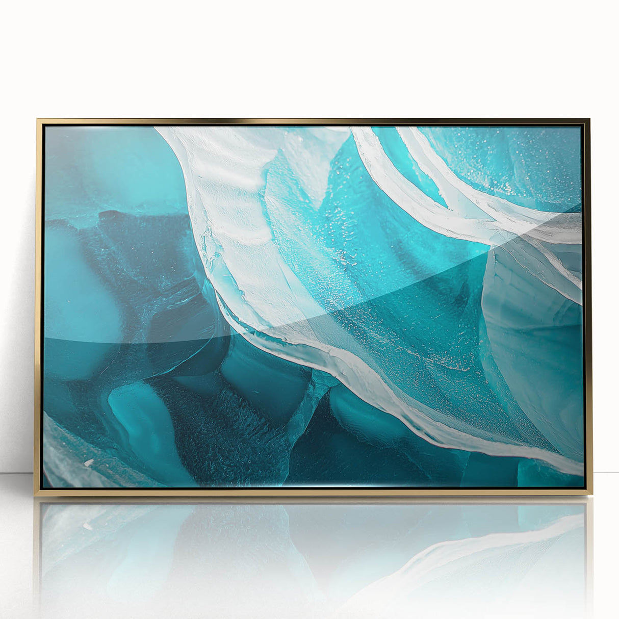 Framed acrylic artwork showcasing a stunning landscape with caves and golden hues, perfect for enhancing interior decor with its vibrant colors and detailed design.
