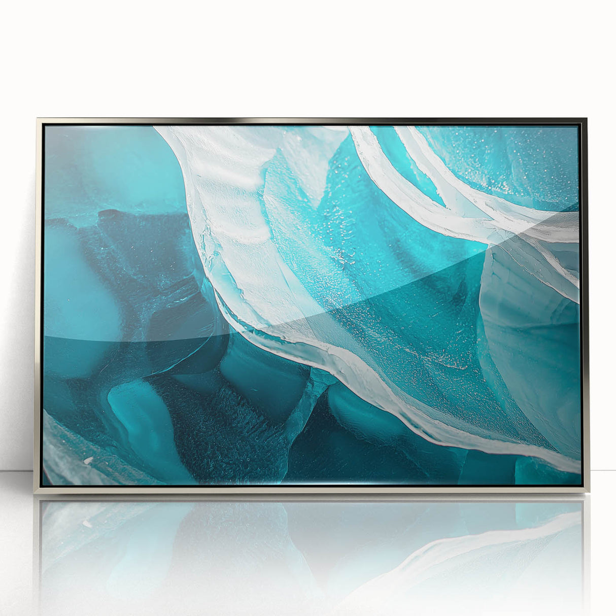 Framed acrylic artwork depicting a stunning landscape with caves, featuring rich silver tones and a modern design, perfect for enhancing interior decor aesthetics.