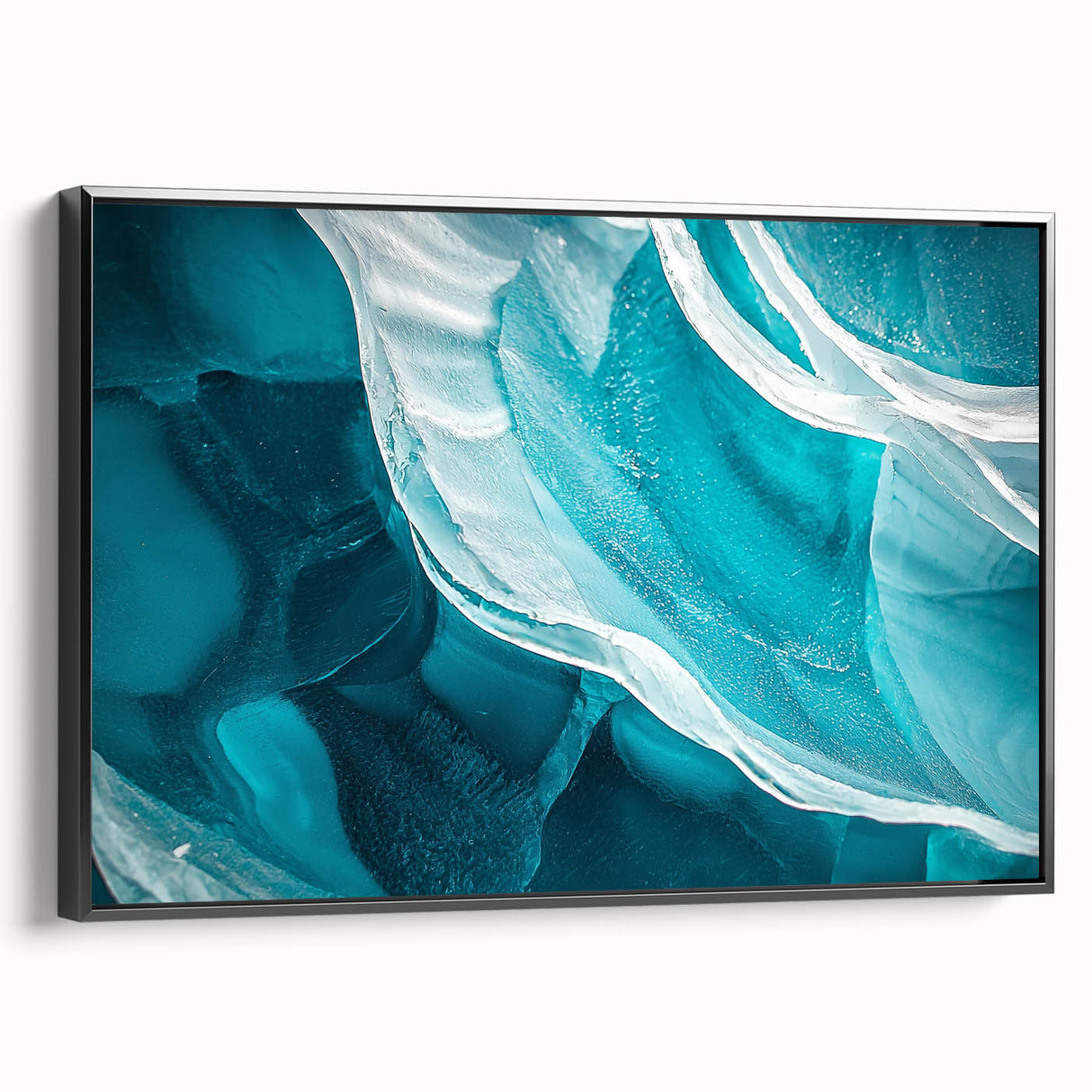 Framed canvas artwork showcasing a stunning landscape with cave formations, featuring a black side view. Ideal for modern home decor, adding depth and intrigue to any room.