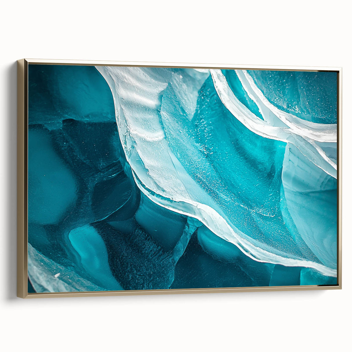 Framed canvas artwork showcasing a stunning landscape with caves, featuring gold accents on the side. Ideal for modern home decor enthusiasts seeking unique wall art.