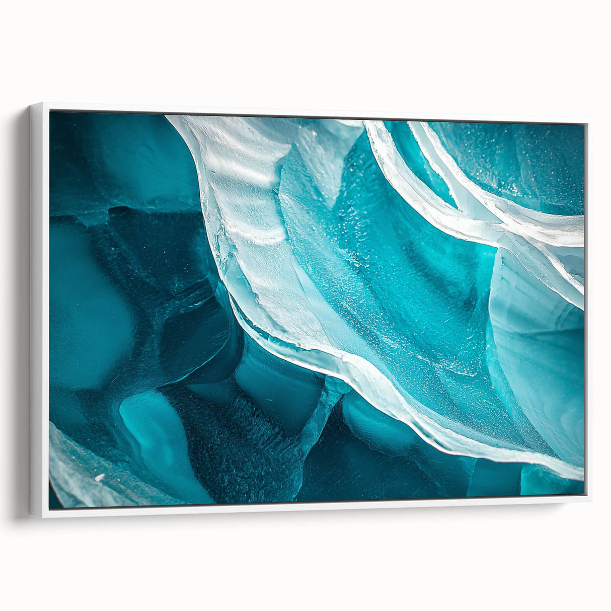 Framed canvas artwork showcasing a vibrant landscape with caves, featuring a white frame, ideal for home decor. Perfect for adding a touch of nature-inspired elegance.