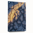 Stunning acrylic landscape artwork showcasing dramatic cliffs in vibrant colors, mounted on glass, with visible pins for secure display, ideal for modern home decor.