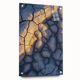 Stunning acrylic landscape artwork showcasing dramatic cliffs in vibrant colors, mounted on glass, with visible pins for secure display, ideal for modern home decor.