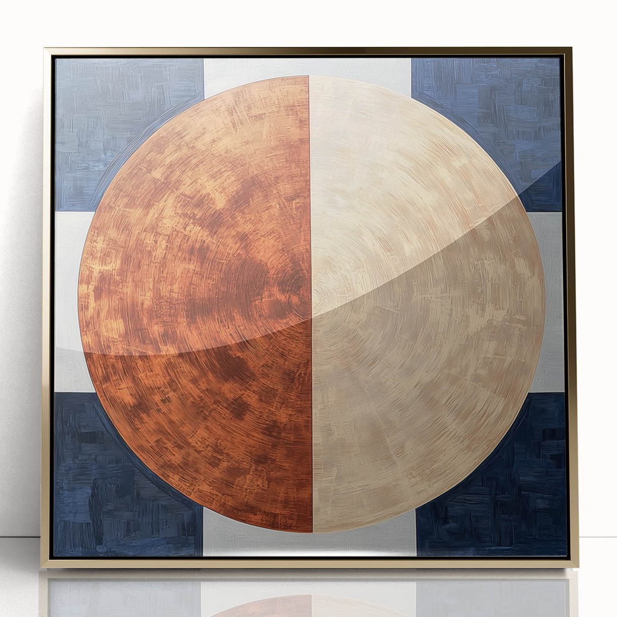 Abstract geometric framed acrylic artwork showcasing a modern design in gold hues, perfect for contemporary home decor. Ideal for adding elegance to any space.