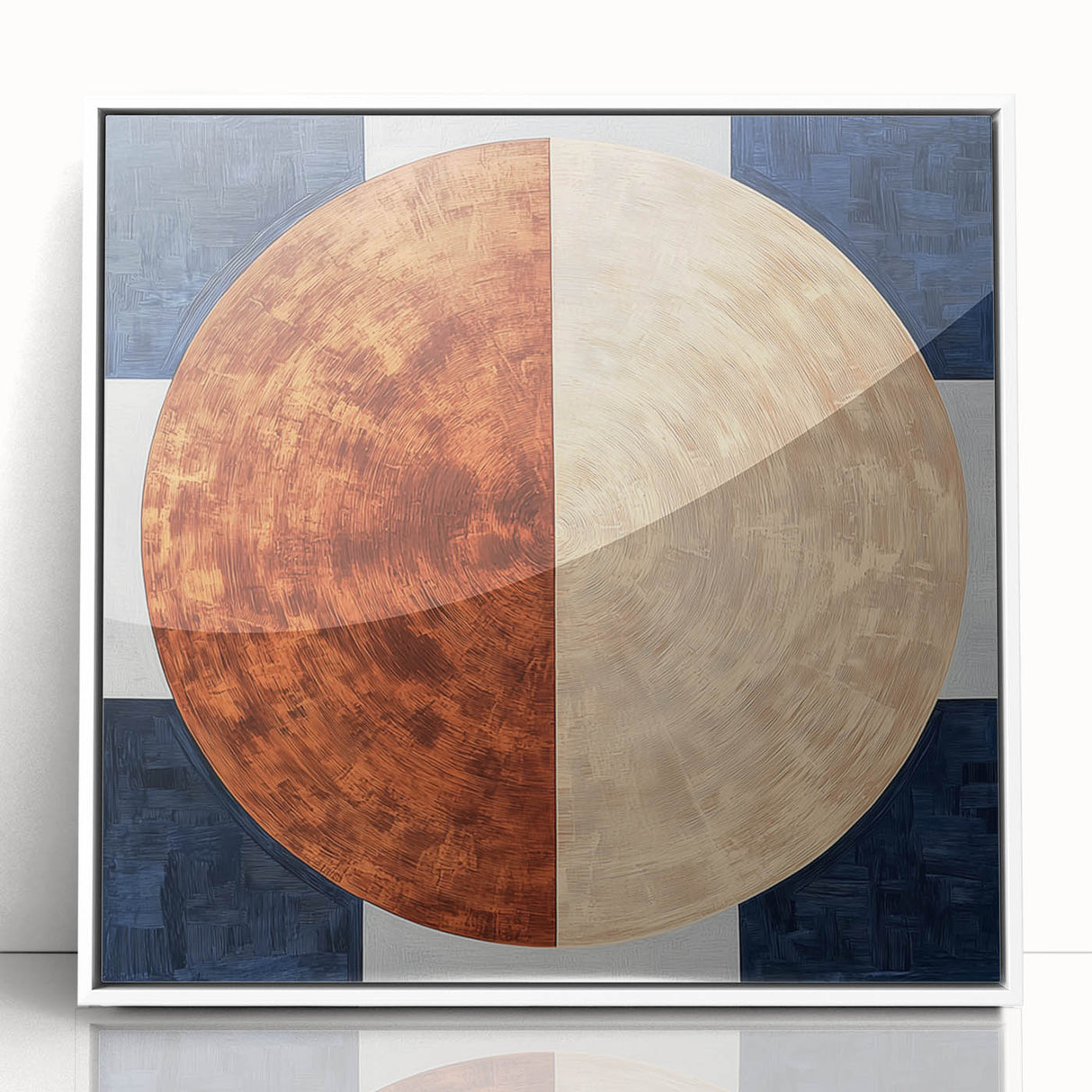 Framed acrylic artwork displaying an abstract geometric design in white, ideal for modern home decor. The clean lines and crisp colors enhance contemporary spaces.