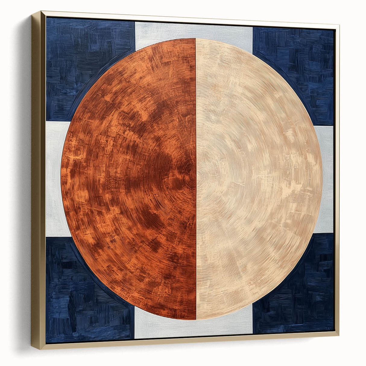 Abstract geometric framed canvas artwork in silver and gold tones, showcasing dynamic shapes and modern design, perfect for contemporary home decor.
