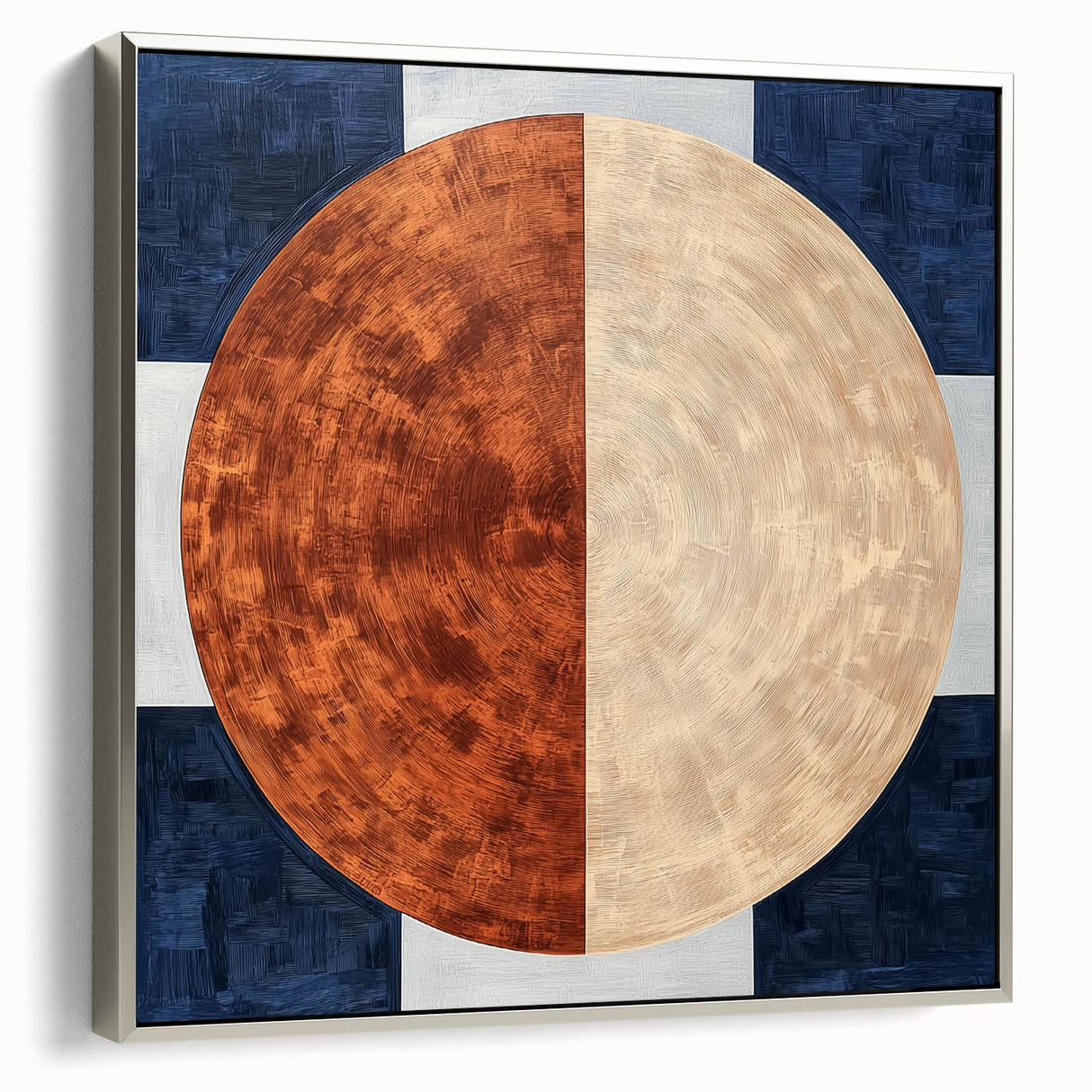 Framed abstract geometric canvas art with silver edges, showcasing intricate patterns and modern design, perfect for contemporary home decor.