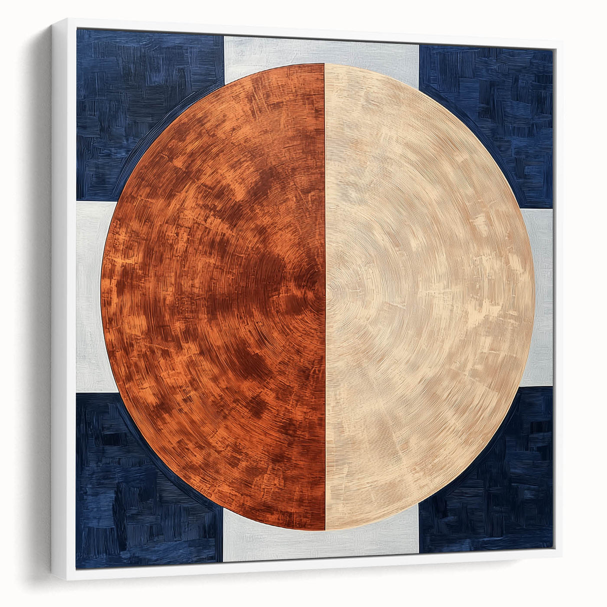 Abstract geometric framed canvas artwork showcasing a modern design with white and pastel color accents, perfect for contemporary home decor.