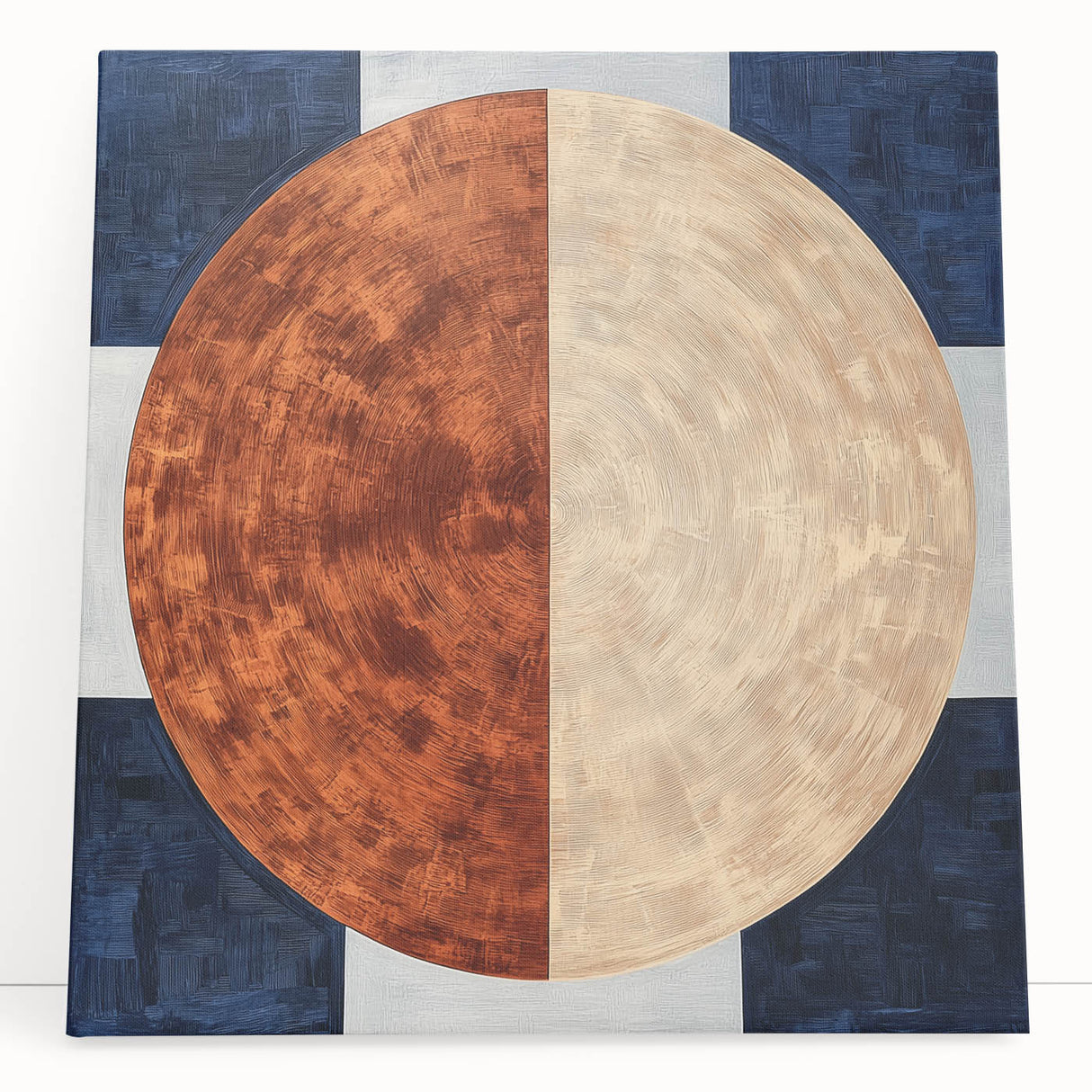 Abstract geometric stretched canvas artwork featuring vibrant colors and intricate shapes, leaning against a wall, ideal for modern home decor or office spaces.