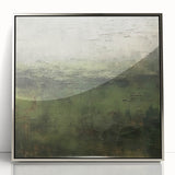 Framed abstract landscape wall art in silver acrylic, showcasing vibrant colors and dynamic shapes, perfect for modern home decor or office spaces.