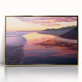 Framed acrylic artwork showcasing a serene beach landscape with vibrant colors and gold accents, perfect for enhancing modern home decor. This piece adds a touch of elegance to any living space.