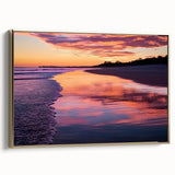 Framed canvas artwork depicting a serene beach landscape with vibrant colors, showcasing a gold frame that enhances its elegance, perfect for home decor.