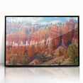 Framed acrylic landscape artwork showcasing vibrant canyons with rich colors and intricate details, set in a sleek black frame, ideal for modern home decor.