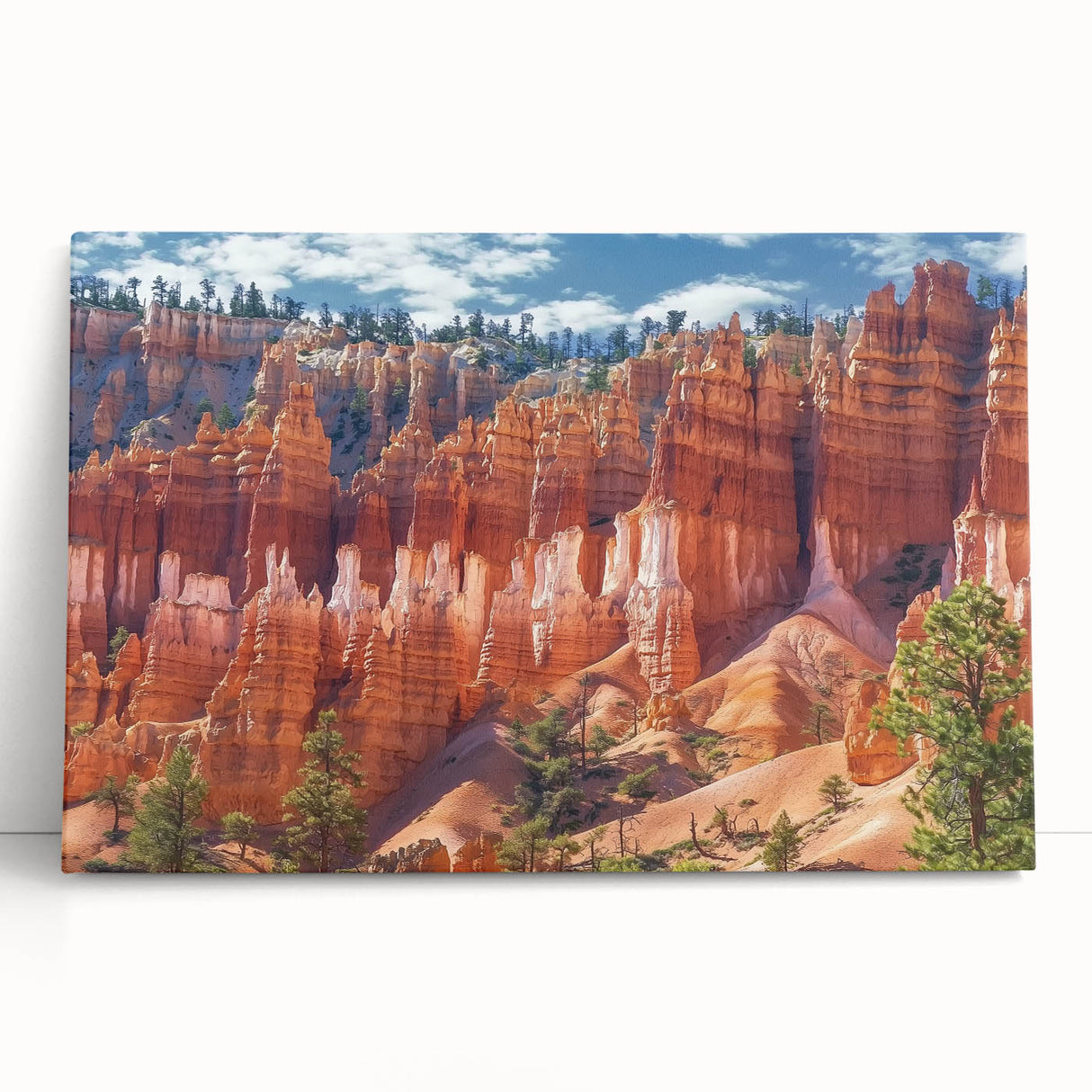 Stretched canvas artwork showcasing a vibrant landscape of canyons, featuring rich earthy tones and dramatic rock formations, perfect for modern home decor.