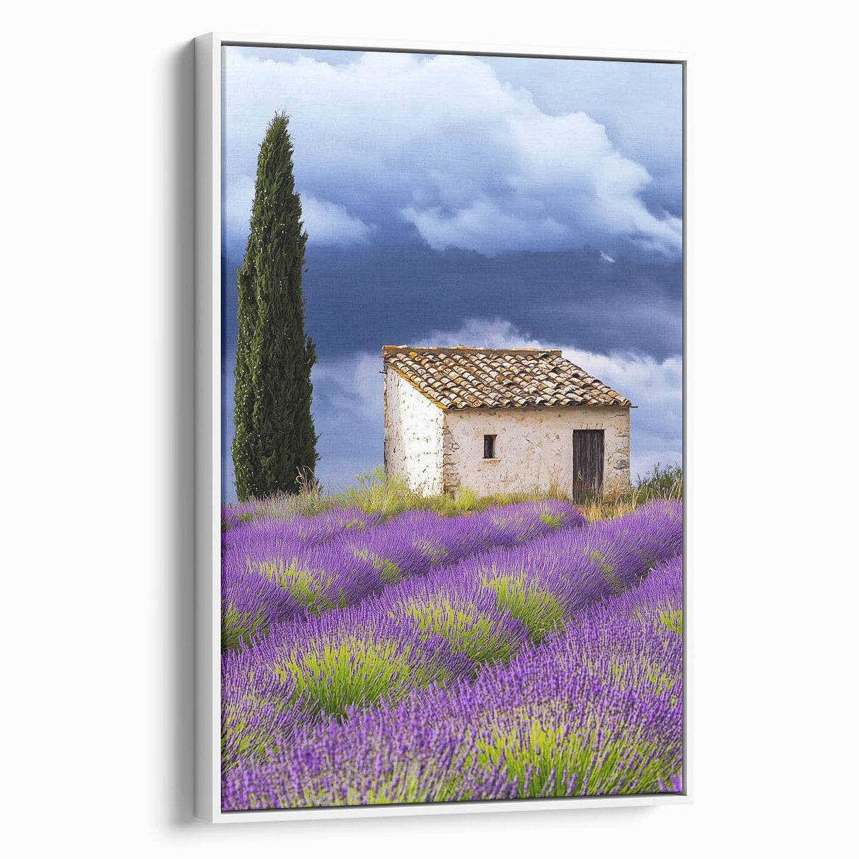 Framed canvas artwork showcasing a serene countryside landscape, featuring lush green fields and rolling hills, mounted in a sleek white frame for elegant decor.