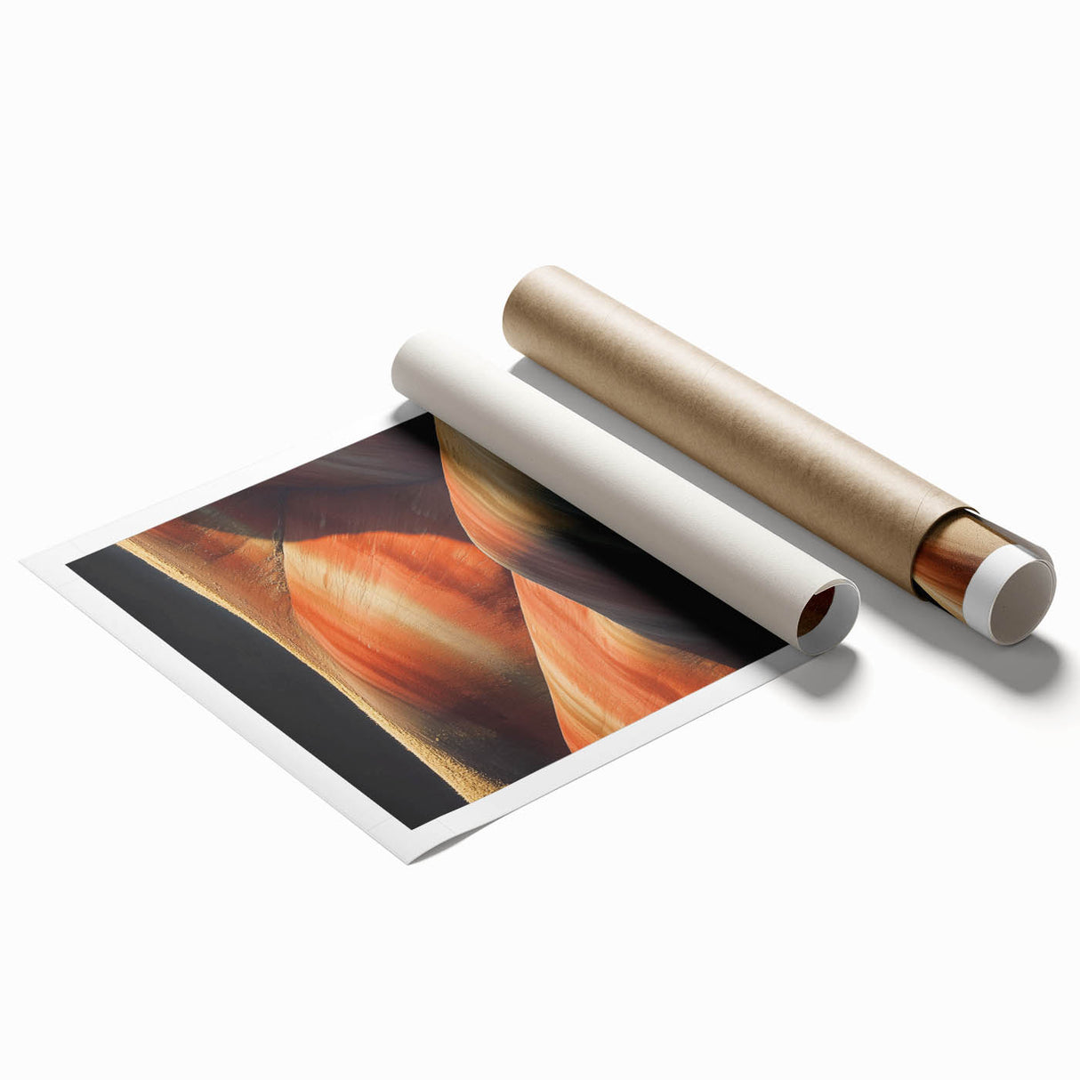 Desert landscape rolled canvas print showcasing vibrant hues of orange and yellow with intricate textures, elegantly packaged in a protective cardboard tube.