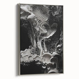 Landscape art painting on framed canvas, featuring a silver frame with detailed close-ups of nature in muted earth tones.
