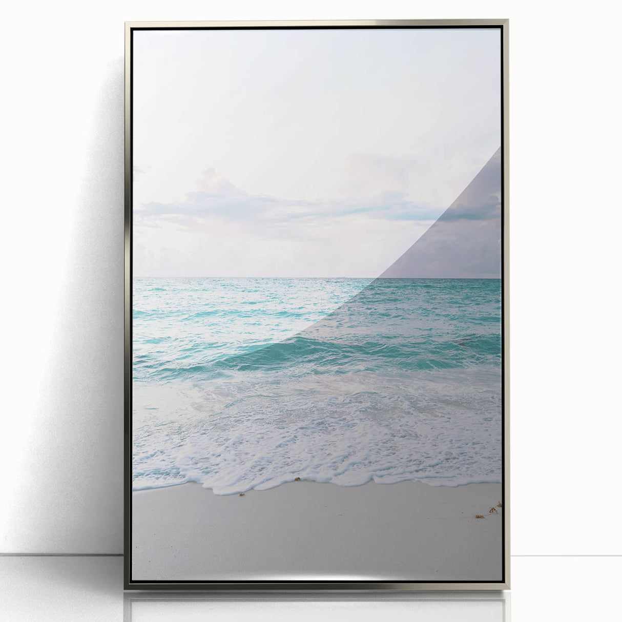 Mid-century modernist art featuring geometric shapes in muted blue and silver tones on a framed acrylic print.