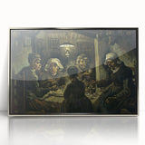 Large art print of a Van Gogh-inspired abstract painting in a silver frame, featuring swirling blue and yellow tones.