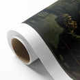 Art Deco poster of Van Gogh's Starry Night on rolled canvas, featuring swirling blue and yellow hues.