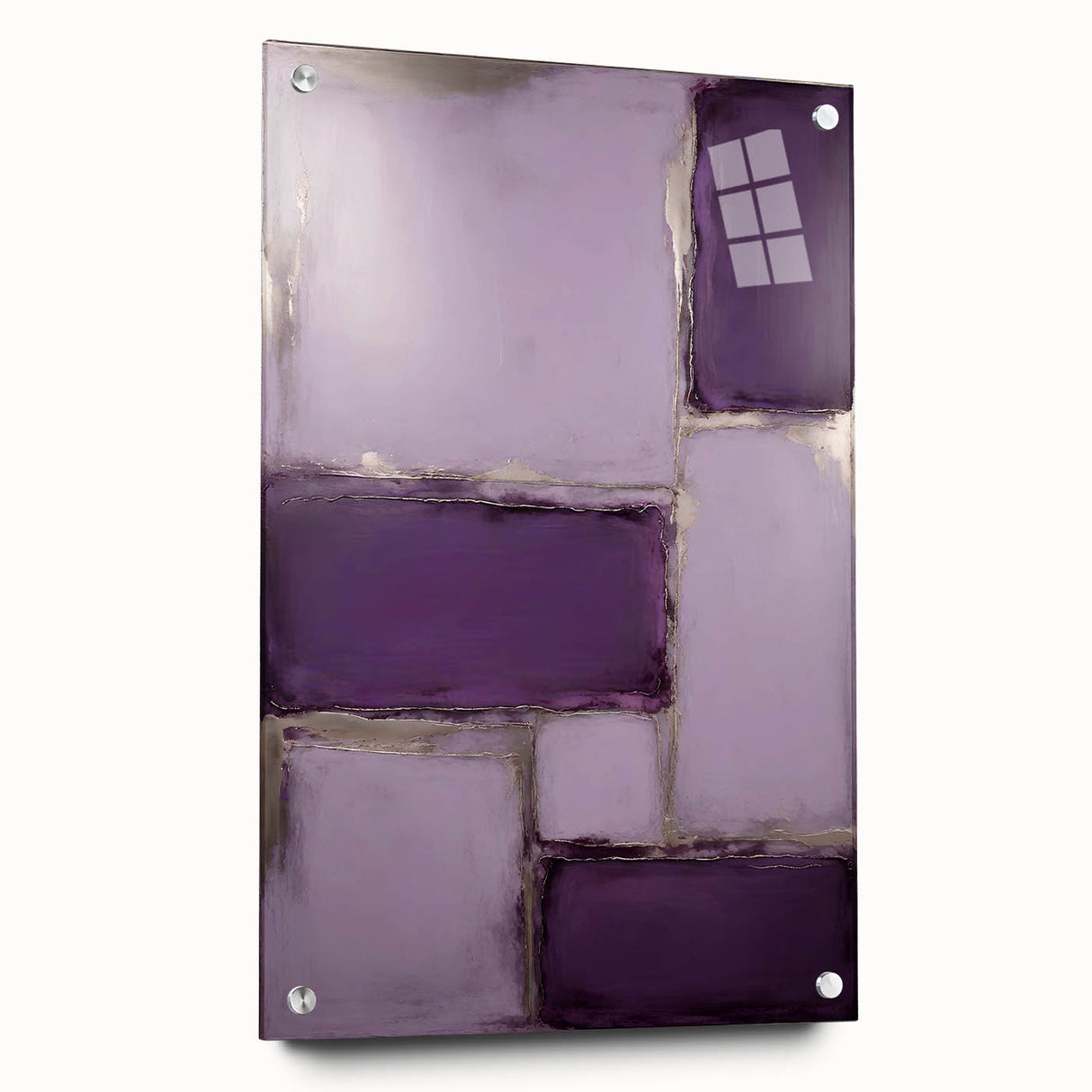 Abstract wall art featuring vibrant strokes in blue, pink, and yellow, displayed in a side view with acrylic glass and secured with decorative pins, perfect for modern decor.