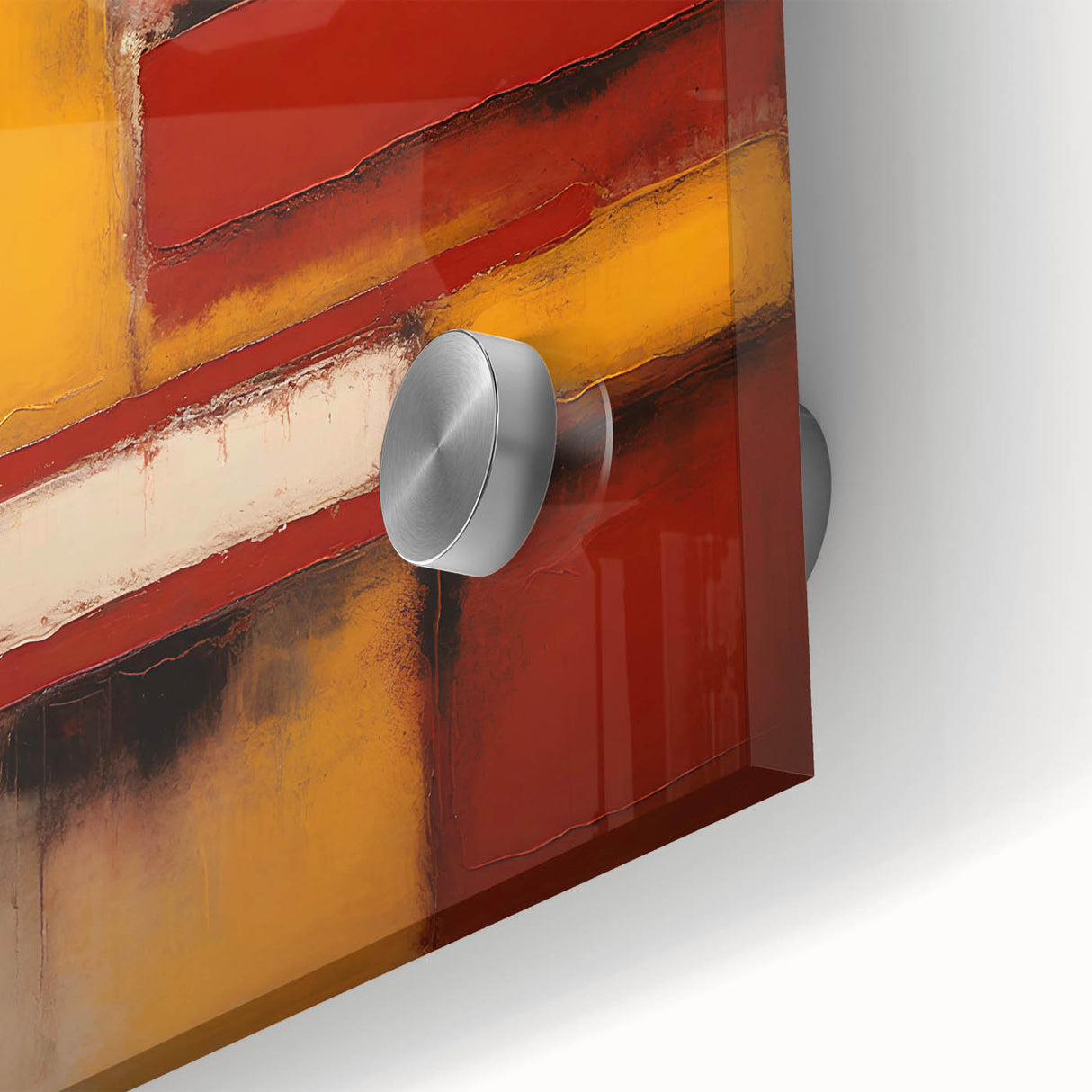 Abstract wall art featuring vibrant strokes in shades of blue, pink, and gold, displayed on acrylic glass with a smooth finish, ideal for modern decor.