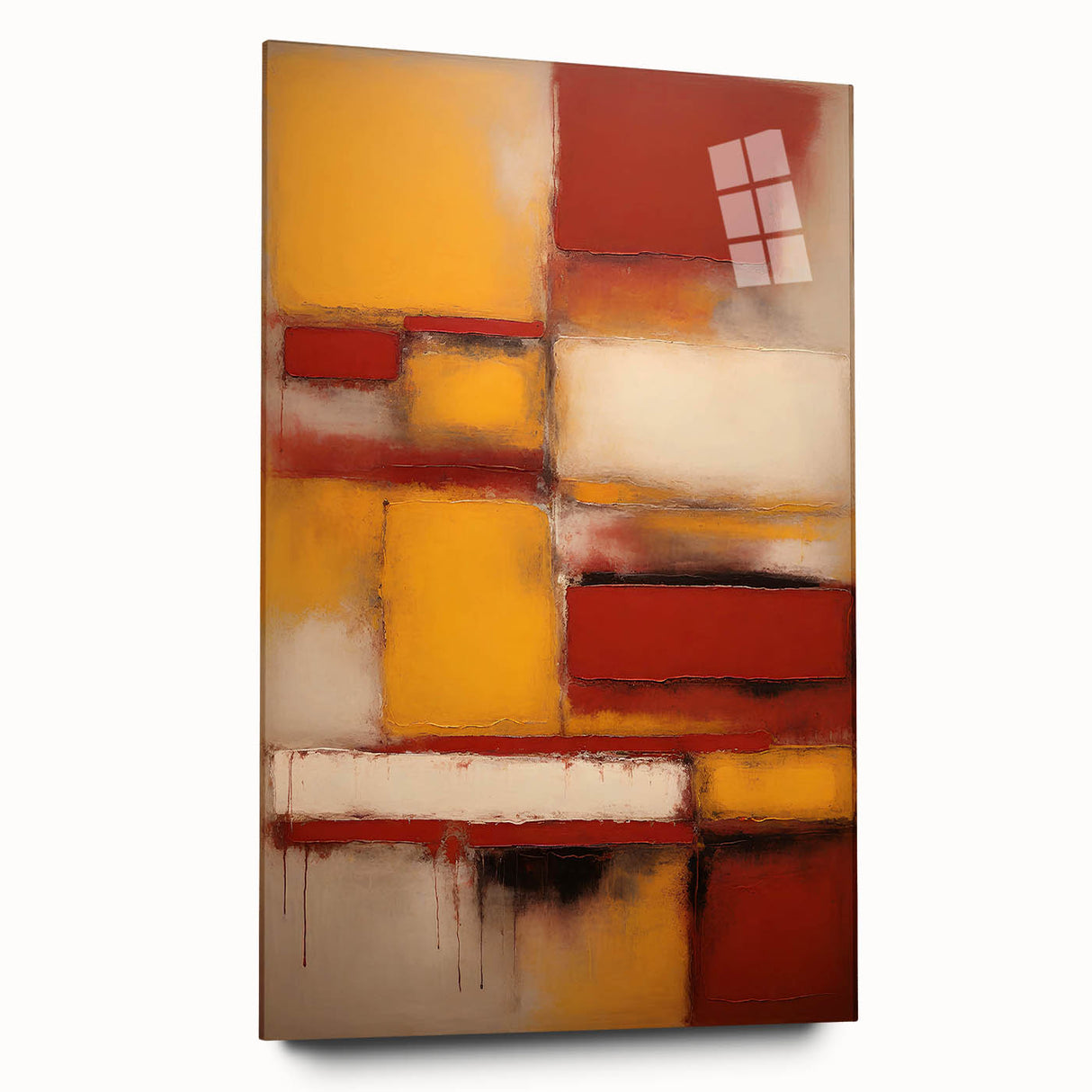 Abstract strokes wall art displayed in an acrylic glass frame, showcasing vibrant colors and dynamic patterns, ideal for modern home decor. The side view highlights the artwork's sleek finish, perfect for adding a contemporary touch to any room.