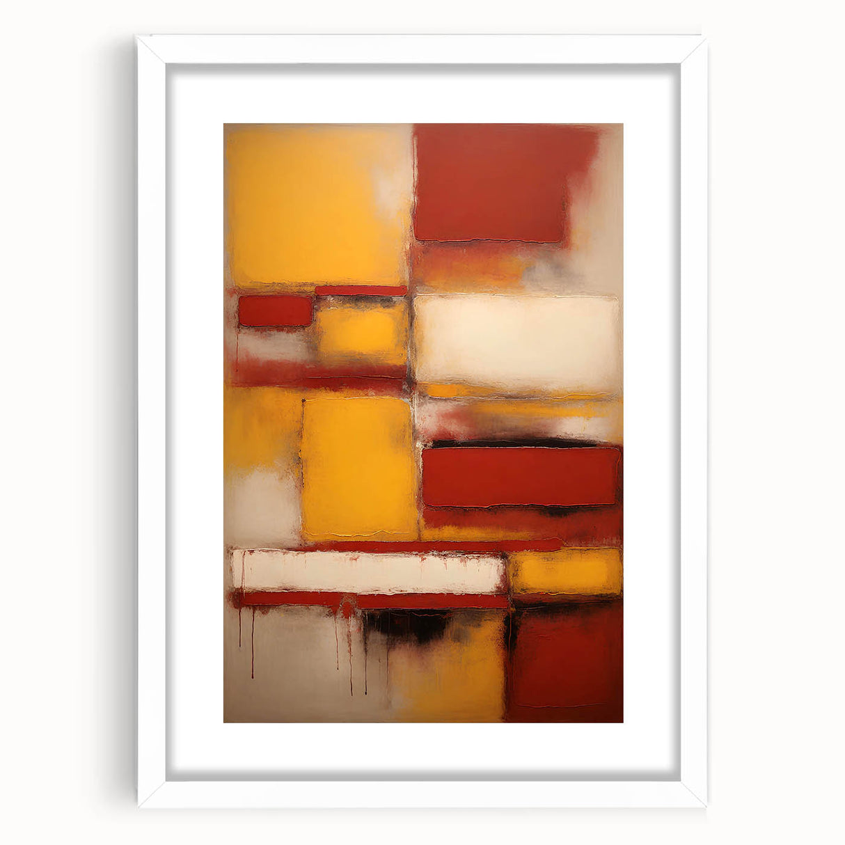 Abstract strokes wall art framed with a white mat, showcasing vibrant colors and dynamic lines, perfect for modern home decor or office spaces.