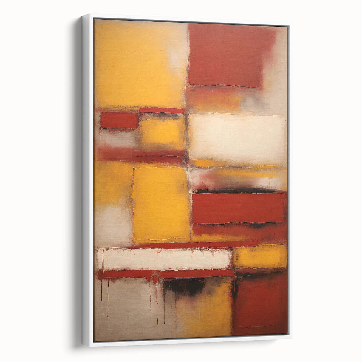 Framed canvas wall art showcasing abstract strokes in soft pastel colors, featuring a sleek white frame and side view, perfect for modern home decor.