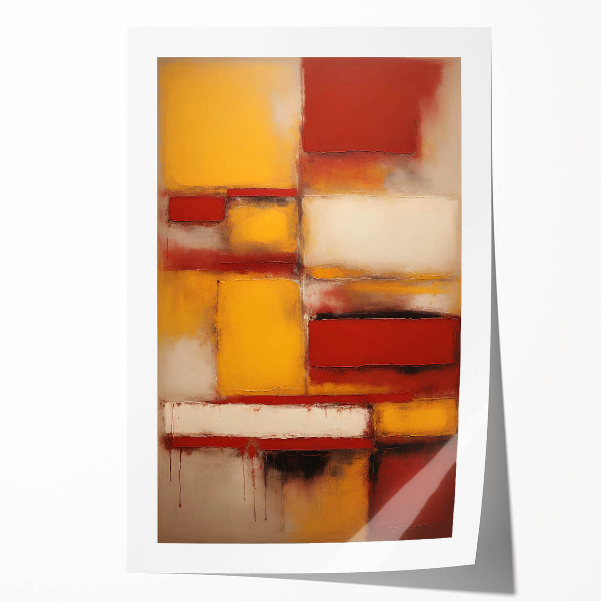 Abstract wall art print showcasing vibrant strokes in shades of blue, pink, and gold, elegantly rolled and ready for display, enhancing modern interior decor.