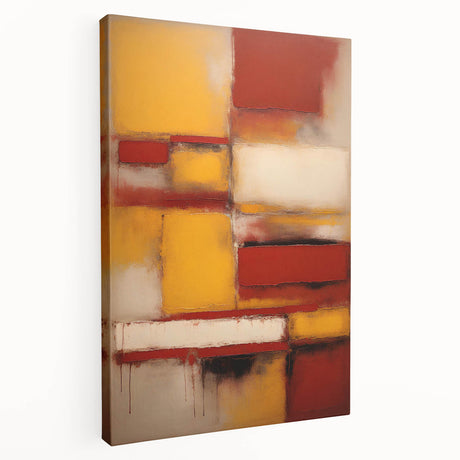 Abstract strokes wall art on stretched canvas, showcasing vibrant colors and dynamic patterns, ideal for modern home decor. Side view highlights the canvas depth and quality.