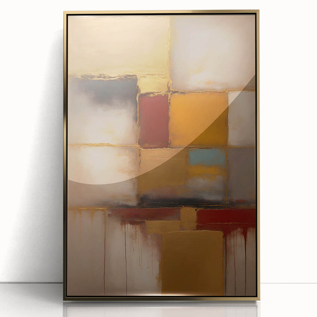 Framed abstract wall art featuring bold, colorful strokes in gold and vibrant hues, designed to enhance modern home decor with a touch of elegance.