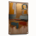 Abstract wall art featuring vibrant strokes in blue, orange, and yellow, displayed in a sleek acrylic frame with pins, perfect for modern home decor.