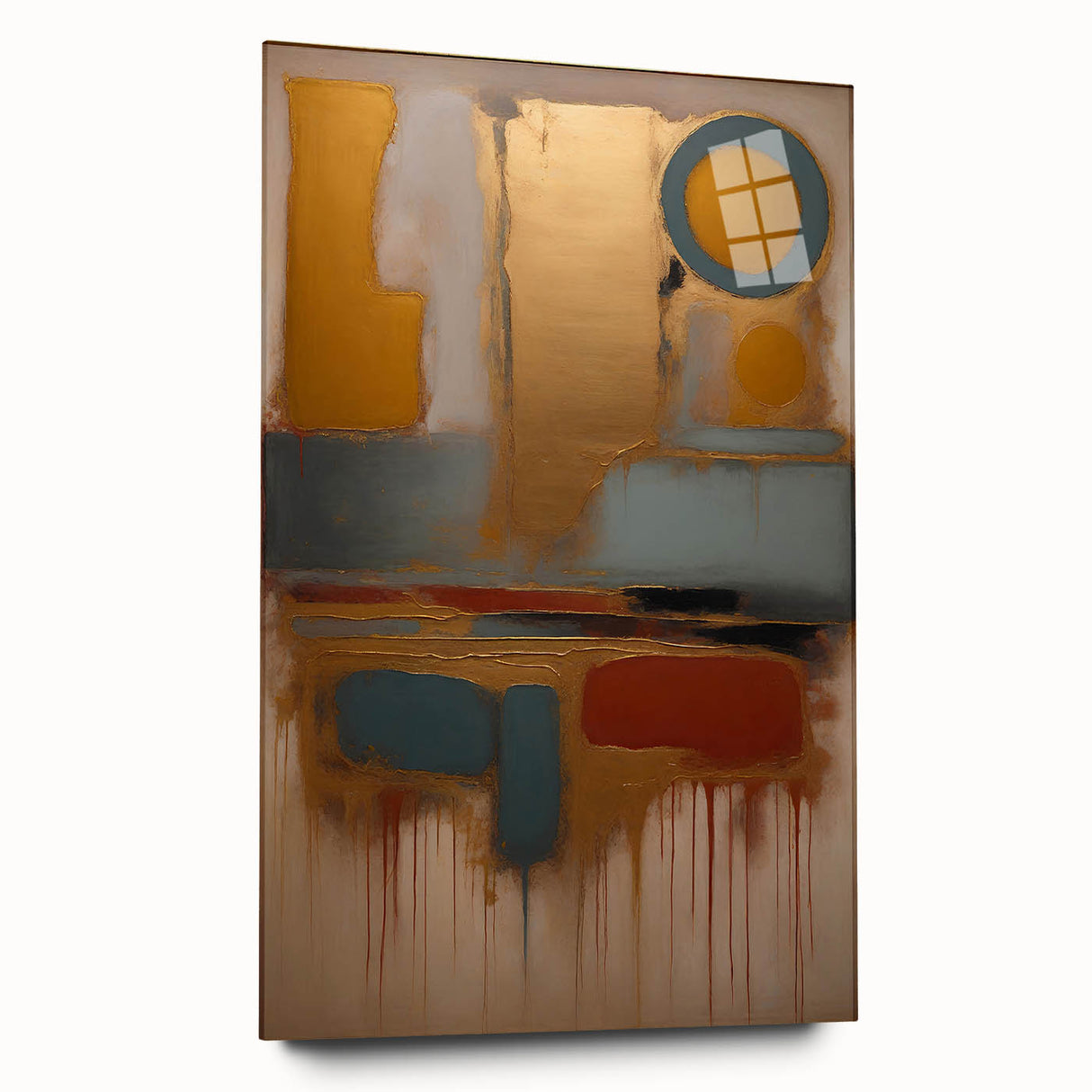 Abstract wall art featuring vibrant strokes in shades of blue, pink, and gold on acrylic glass, showcasing a modern design ideal for contemporary decor.