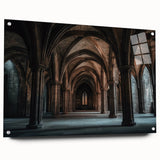 Acrylic glass landscape artwork depicting a majestic castle surrounded by lush greenery, displayed at a side angle with colorful pins for mounting, ideal for home decor.