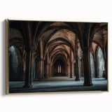 Framed canvas artwork showcasing a picturesque landscape with a majestic castle, elegantly bordered in gold, viewed from the side. Ideal for enhancing home decor.