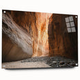 Acrylic glass artwork showcasing a vibrant landscape with intricate cave details, displayed in a side view with pins, perfect for home decor enthusiasts.