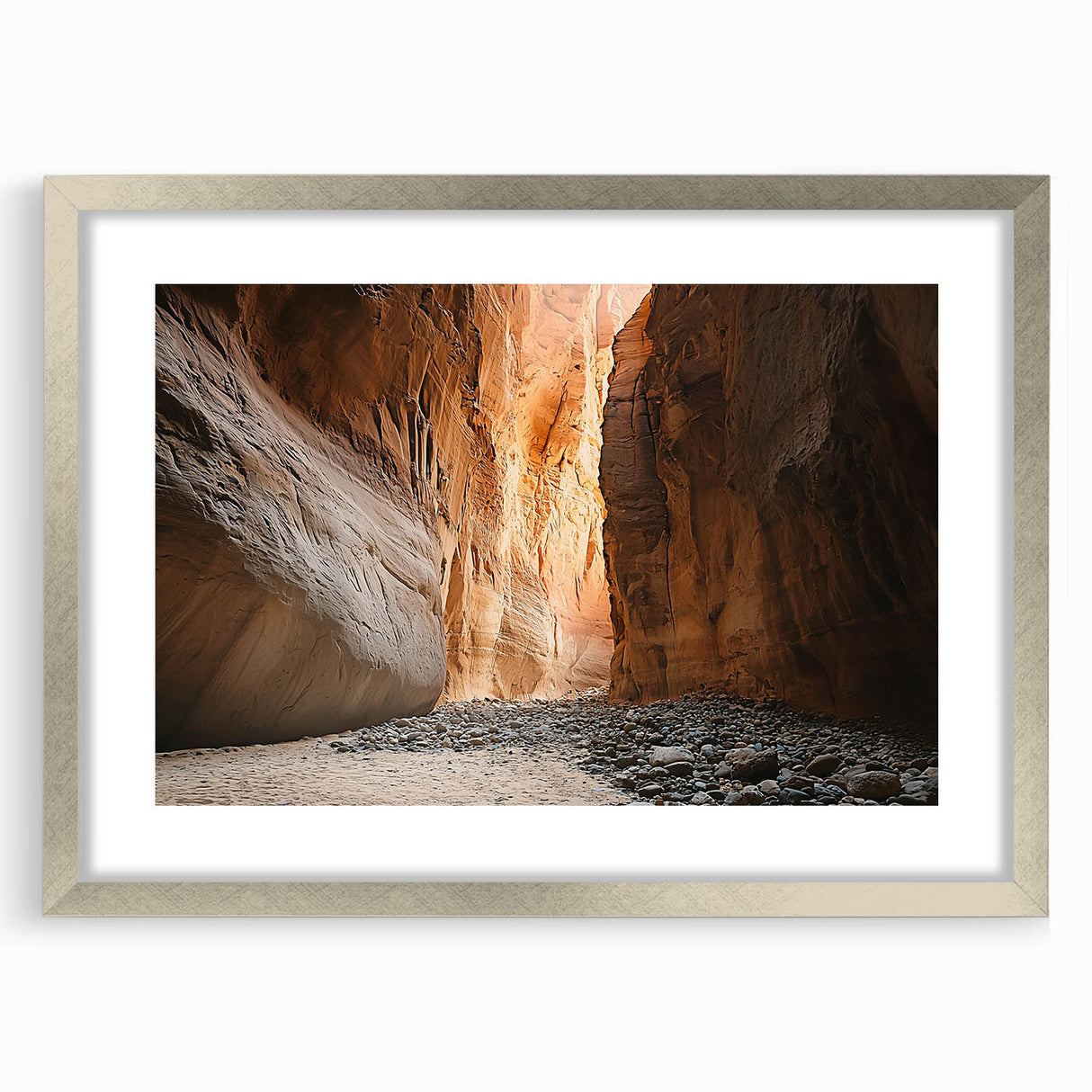 Framed silver landscape artwork showcasing intricate cave designs, mounted with a white mat for a polished look, ideal for enhancing modern home decor.