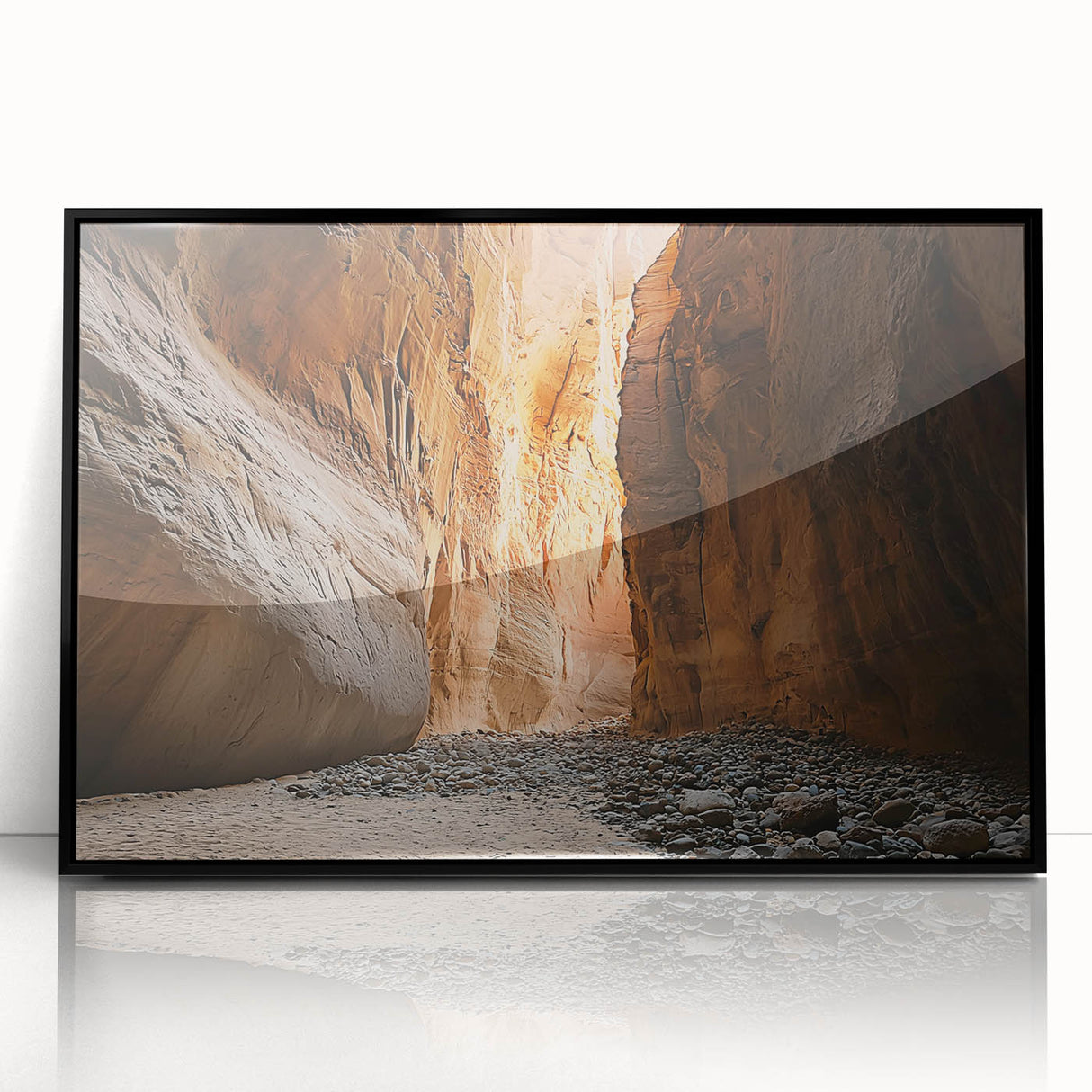 Framed acrylic artwork depicting a stunning cave landscape, featuring intricate details and vibrant colors, with a sleek black frame enhancing its beauty. Perfect for modern home decor enthusiasts seeking unique wall art.