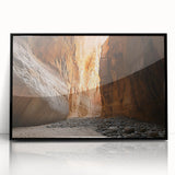 Framed acrylic artwork depicting a stunning cave landscape, featuring intricate details and vibrant colors, with a sleek black frame enhancing its beauty. Perfect for modern home decor enthusiasts seeking unique wall art.