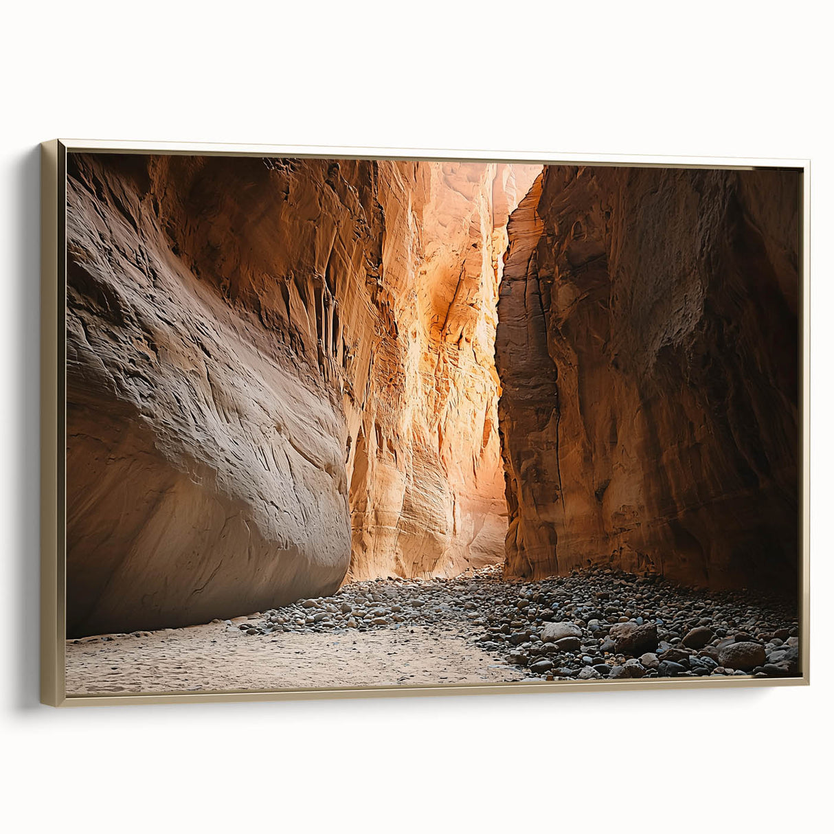 Framed canvas artwork showcasing a stunning landscape scene with caves and golden accents, viewed from the side, ideal for enhancing home decor with natural beauty.