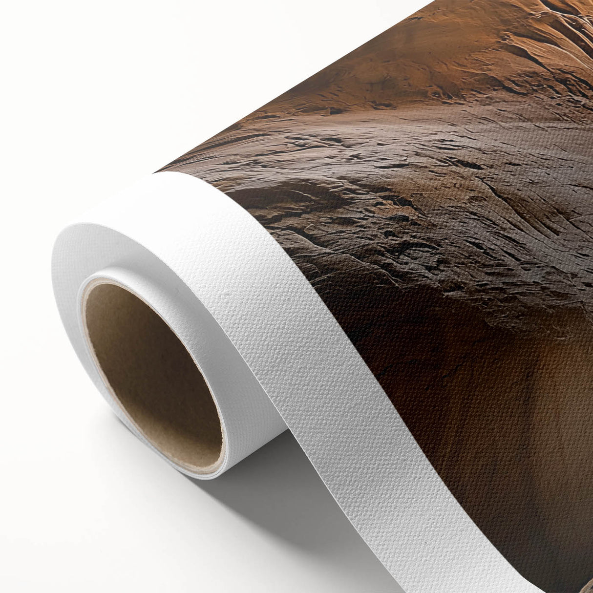 Rolled canvas depicting a serene landscape scene with caves and natural textures, ideal for home decor. Packaged securely in a protective cardboard tube for safe shipping.