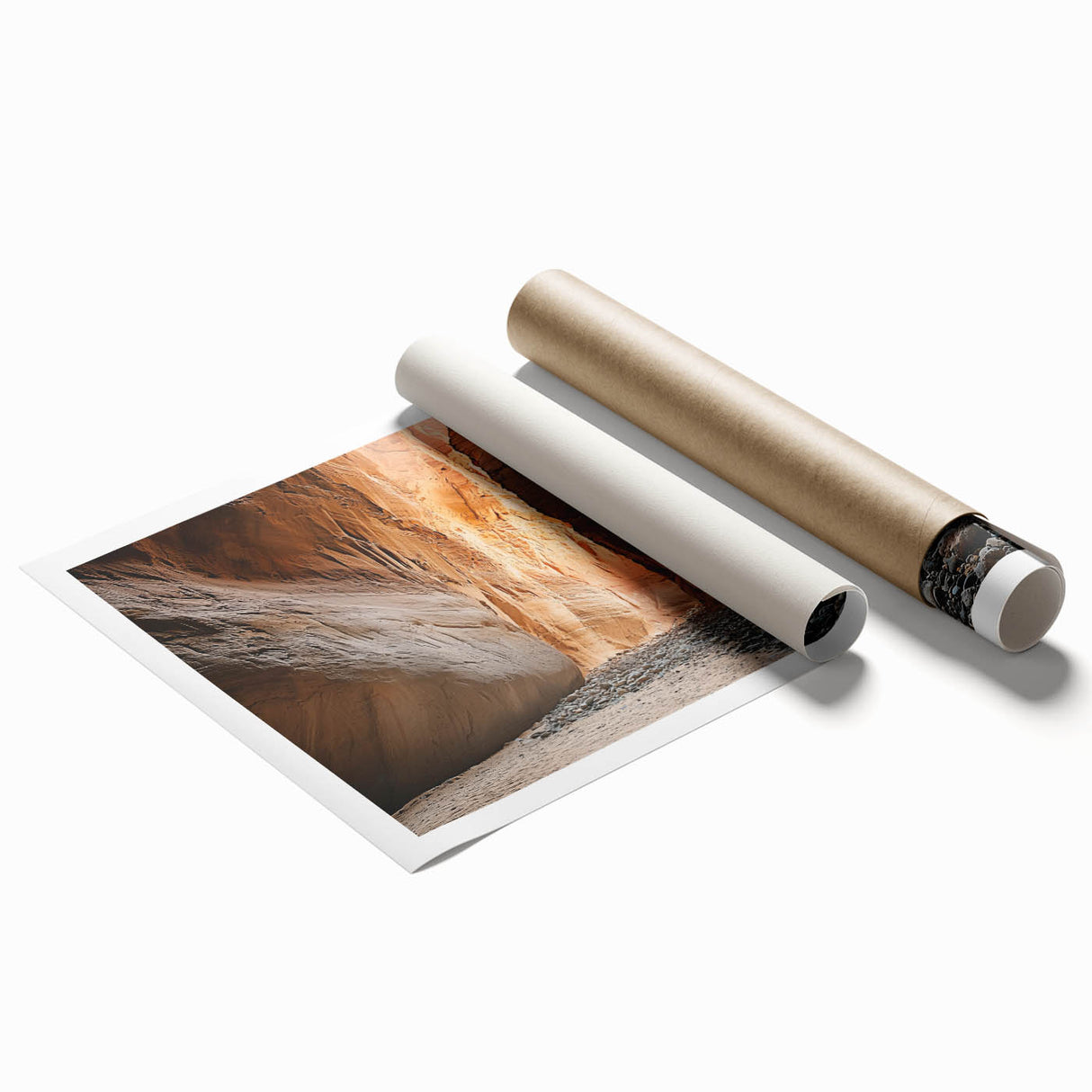 Rolled art print showcasing a stunning landscape cave scene, featuring earthy tones and intricate details, packaged securely in a protective cardboard tube.