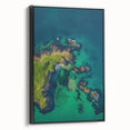 Framed canvas artwork showcasing a dramatic landscape of cliffs in muted tones, featuring a sleek black frame that enhances the visual depth. Ideal for modern home decor.